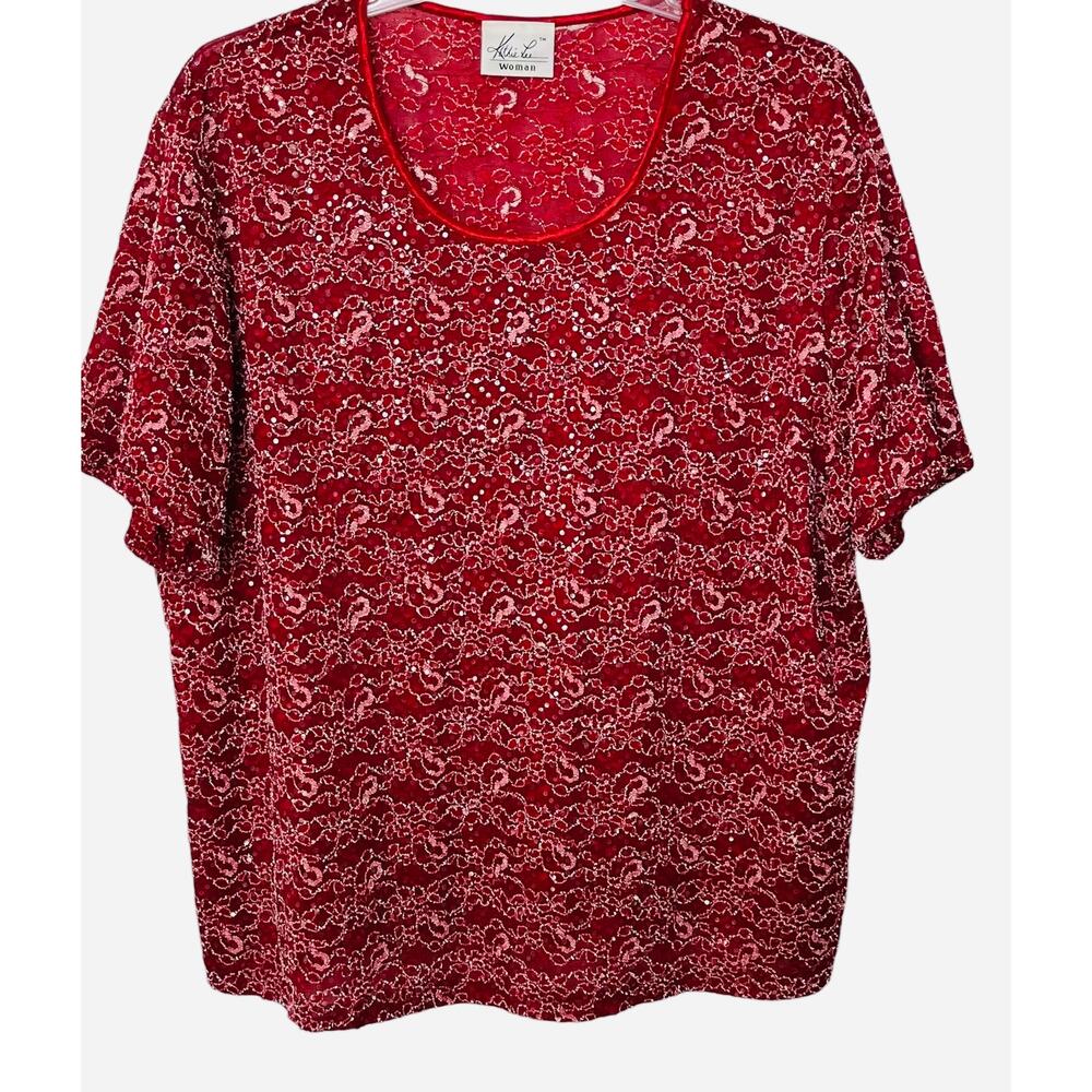 KATHIE LEE SHORT SLEEVE RND NECK PULL-OVER DRESSY BLOUSE, WOMENS, 3X, RED SILVER